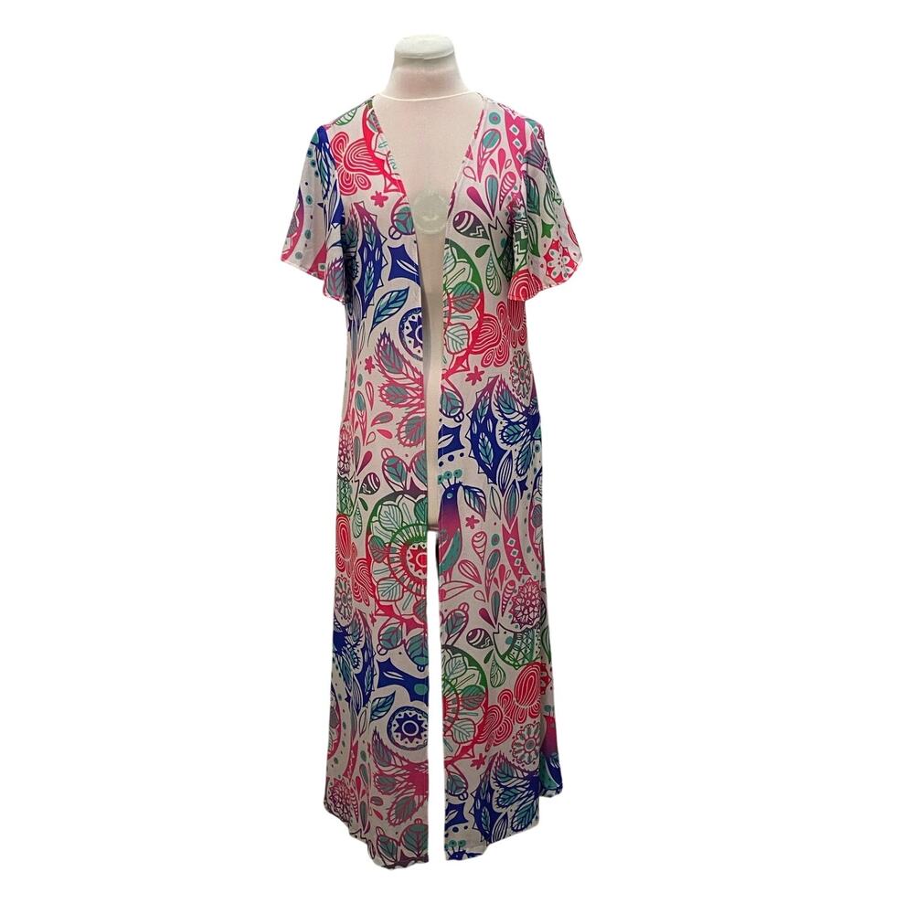 JUDITH MARCH Colorful Open Front Flowy Long SS Cardigan SMALL Boho Bird Beach